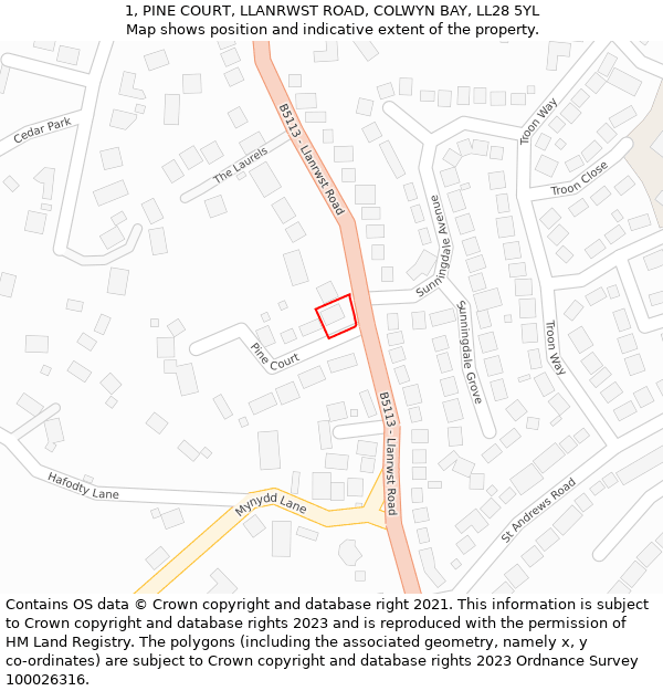 1, PINE COURT, LLANRWST ROAD, COLWYN BAY, LL28 5YL: Location map and indicative extent of plot
