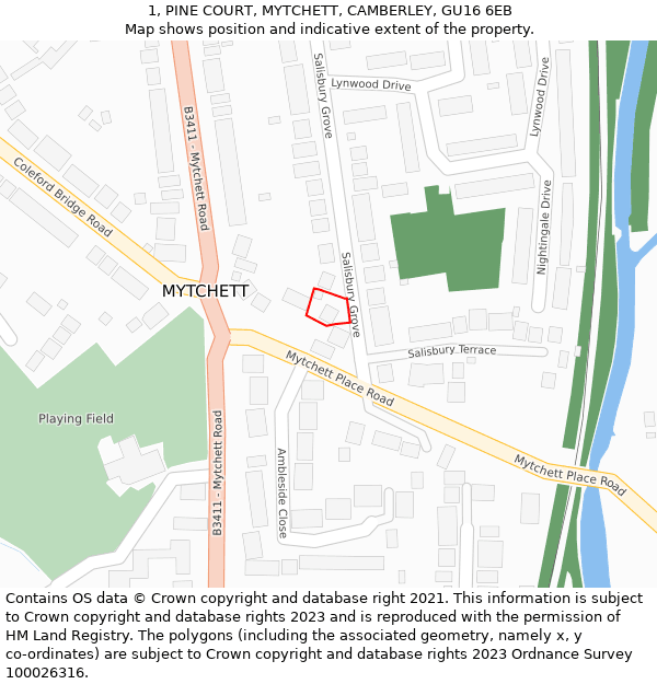 1, PINE COURT, MYTCHETT, CAMBERLEY, GU16 6EB: Location map and indicative extent of plot