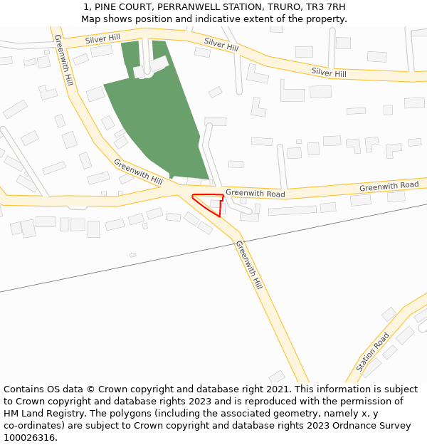 1, PINE COURT, PERRANWELL STATION, TRURO, TR3 7RH: Location map and indicative extent of plot