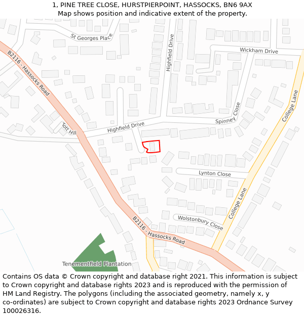 1, PINE TREE CLOSE, HURSTPIERPOINT, HASSOCKS, BN6 9AX: Location map and indicative extent of plot