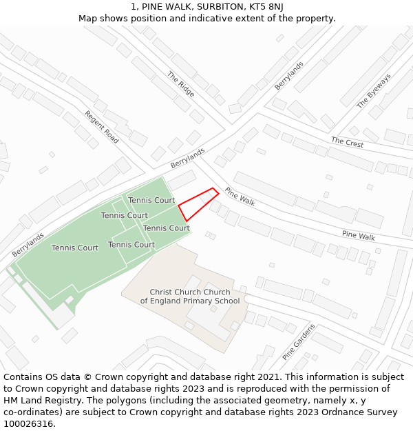 1, PINE WALK, SURBITON, KT5 8NJ: Location map and indicative extent of plot