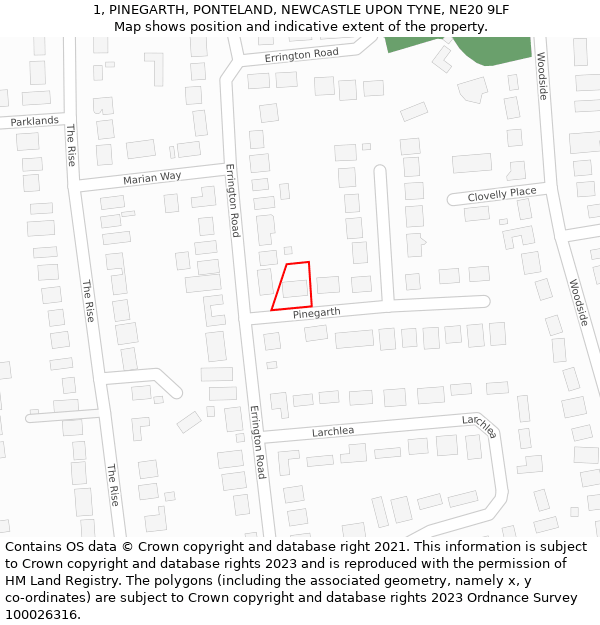 1, PINEGARTH, PONTELAND, NEWCASTLE UPON TYNE, NE20 9LF: Location map and indicative extent of plot