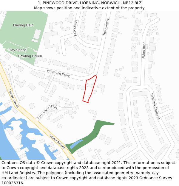 1, PINEWOOD DRIVE, HORNING, NORWICH, NR12 8LZ: Location map and indicative extent of plot