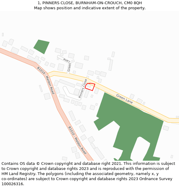 1, PINNERS CLOSE, BURNHAM-ON-CROUCH, CM0 8QH: Location map and indicative extent of plot