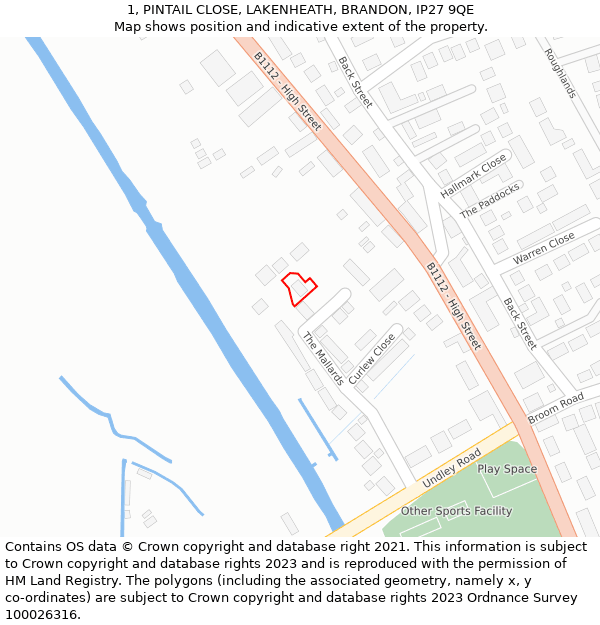 1, PINTAIL CLOSE, LAKENHEATH, BRANDON, IP27 9QE: Location map and indicative extent of plot