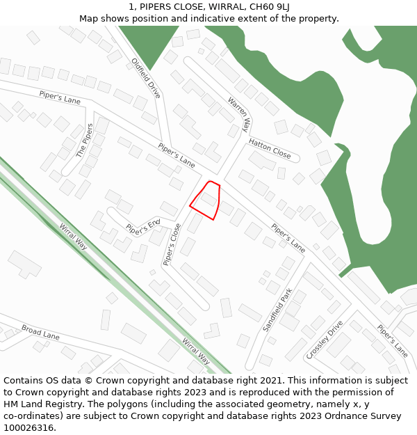 1, PIPERS CLOSE, WIRRAL, CH60 9LJ: Location map and indicative extent of plot