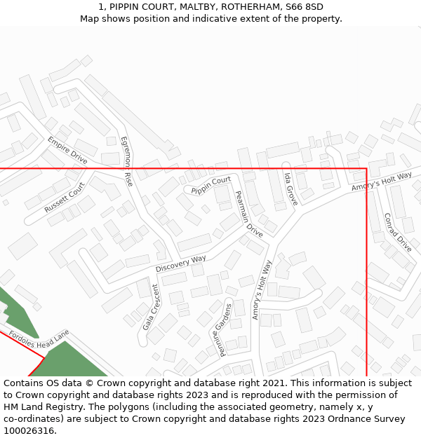 1, PIPPIN COURT, MALTBY, ROTHERHAM, S66 8SD: Location map and indicative extent of plot