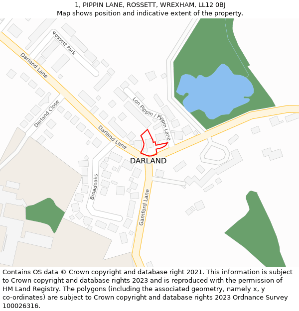 1, PIPPIN LANE, ROSSETT, WREXHAM, LL12 0BJ: Location map and indicative extent of plot