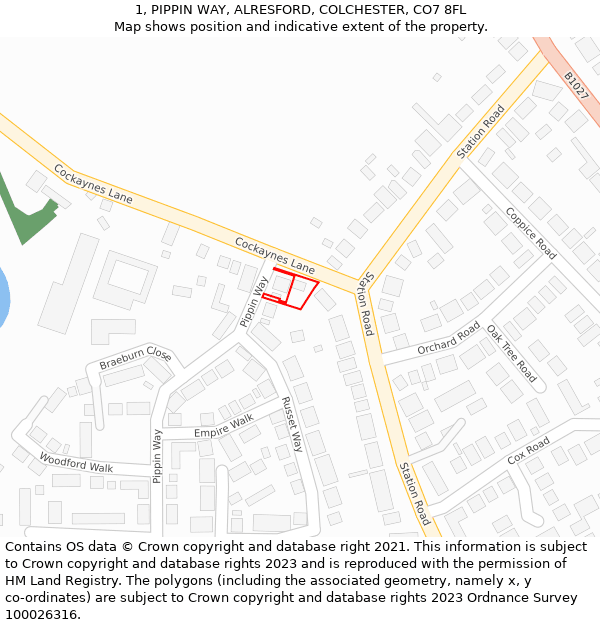 1, PIPPIN WAY, ALRESFORD, COLCHESTER, CO7 8FL: Location map and indicative extent of plot