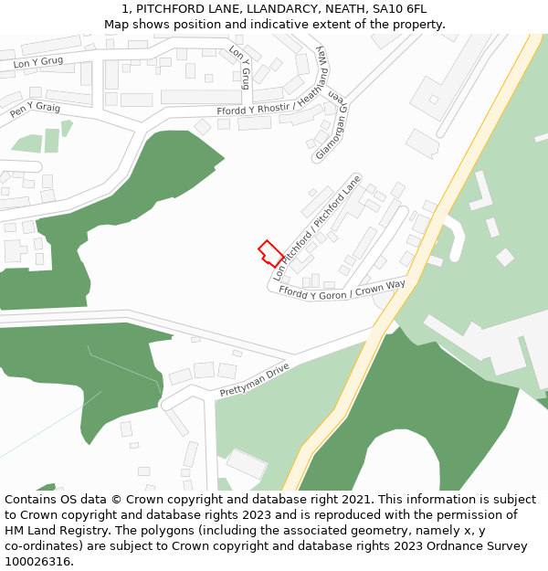 1, PITCHFORD LANE, LLANDARCY, NEATH, SA10 6FL: Location map and indicative extent of plot