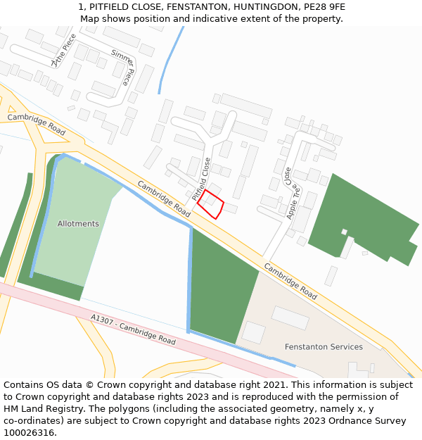 1, PITFIELD CLOSE, FENSTANTON, HUNTINGDON, PE28 9FE: Location map and indicative extent of plot