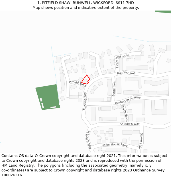 1, PITFIELD SHAW, RUNWELL, WICKFORD, SS11 7HD: Location map and indicative extent of plot