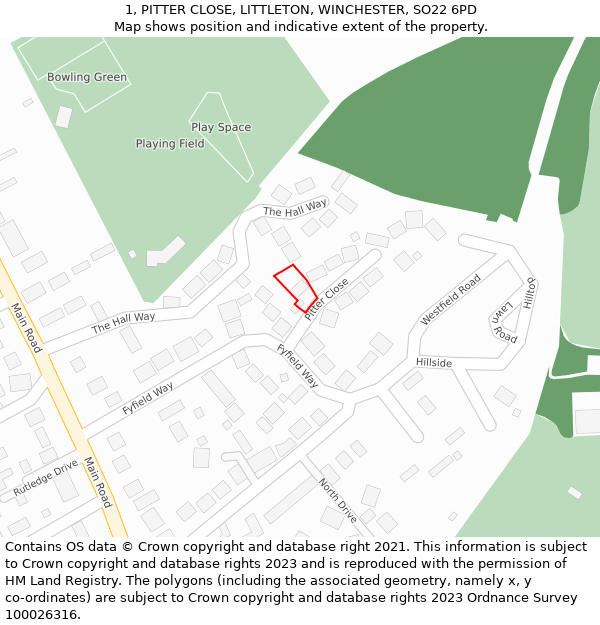 1, PITTER CLOSE, LITTLETON, WINCHESTER, SO22 6PD: Location map and indicative extent of plot