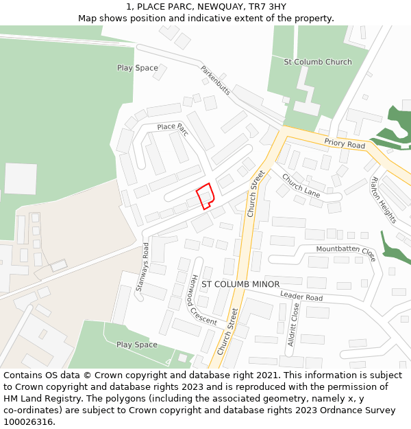 1, PLACE PARC, NEWQUAY, TR7 3HY: Location map and indicative extent of plot