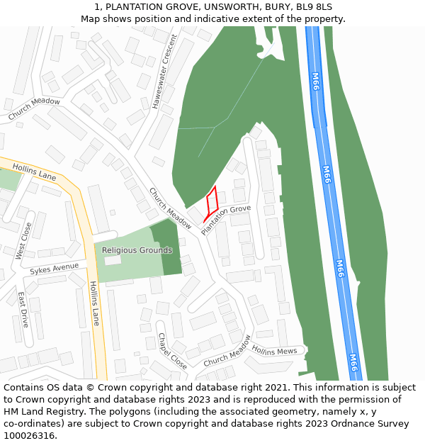 1, PLANTATION GROVE, UNSWORTH, BURY, BL9 8LS: Location map and indicative extent of plot