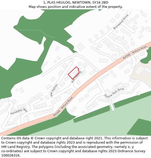 1, PLAS HEULOG, NEWTOWN, SY16 2BD: Location map and indicative extent of plot