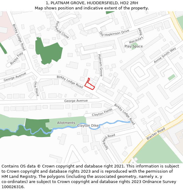 1, PLATNAM GROVE, HUDDERSFIELD, HD2 2RH: Location map and indicative extent of plot