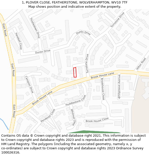 1, PLOVER CLOSE, FEATHERSTONE, WOLVERHAMPTON, WV10 7TF: Location map and indicative extent of plot