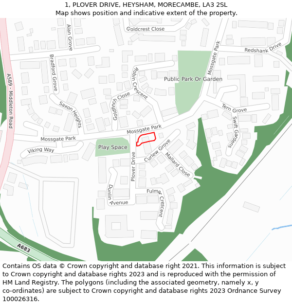 1, PLOVER DRIVE, HEYSHAM, MORECAMBE, LA3 2SL: Location map and indicative extent of plot