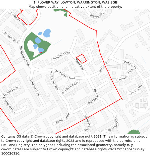 1, PLOVER WAY, LOWTON, WARRINGTON, WA3 2GB: Location map and indicative extent of plot