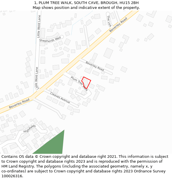 1, PLUM TREE WALK, SOUTH CAVE, BROUGH, HU15 2BH: Location map and indicative extent of plot