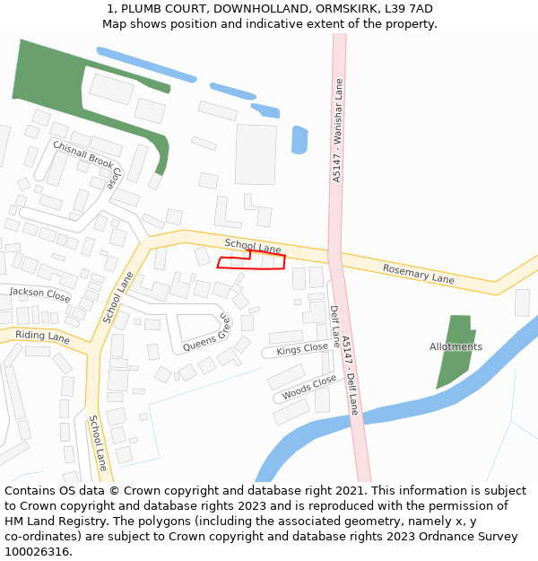1, PLUMB COURT, DOWNHOLLAND, ORMSKIRK, L39 7AD: Location map and indicative extent of plot