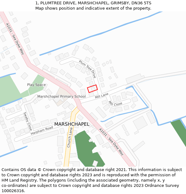 1, PLUMTREE DRIVE, MARSHCHAPEL, GRIMSBY, DN36 5TS: Location map and indicative extent of plot