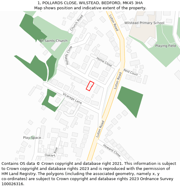 1, POLLARDS CLOSE, WILSTEAD, BEDFORD, MK45 3HA: Location map and indicative extent of plot