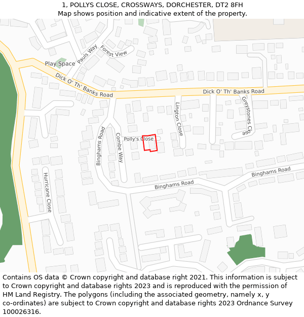 1, POLLYS CLOSE, CROSSWAYS, DORCHESTER, DT2 8FH: Location map and indicative extent of plot
