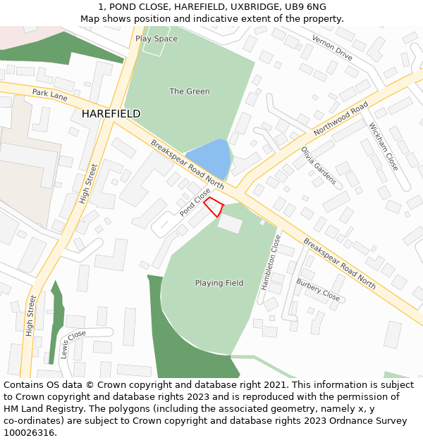 1, POND CLOSE, HAREFIELD, UXBRIDGE, UB9 6NG: Location map and indicative extent of plot
