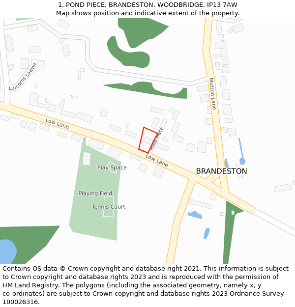 1, POND PIECE, BRANDESTON, WOODBRIDGE, IP13 7AW: Location map and indicative extent of plot