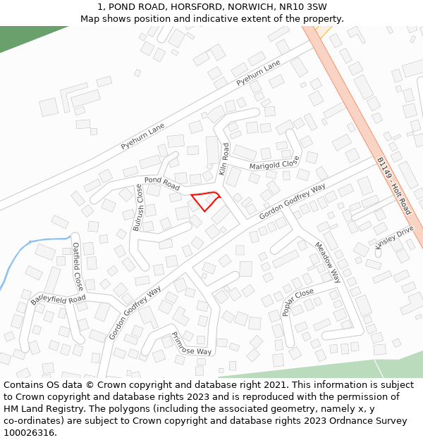 1, POND ROAD, HORSFORD, NORWICH, NR10 3SW: Location map and indicative extent of plot