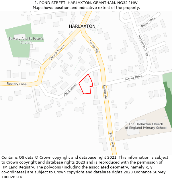 1, POND STREET, HARLAXTON, GRANTHAM, NG32 1HW: Location map and indicative extent of plot