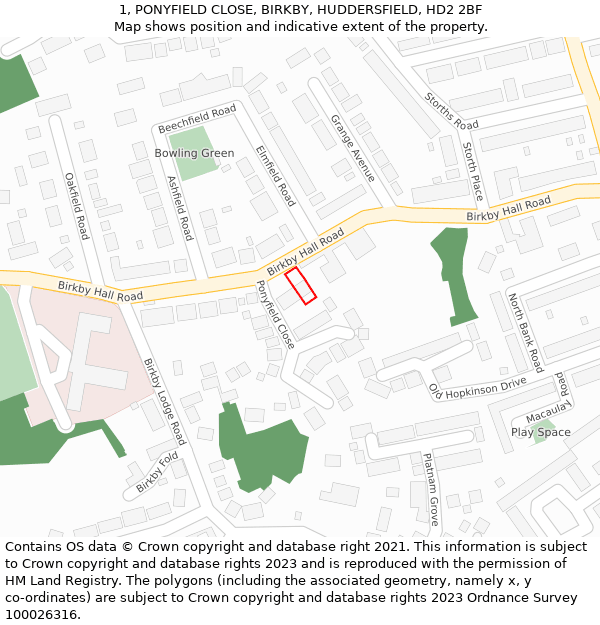 1, PONYFIELD CLOSE, BIRKBY, HUDDERSFIELD, HD2 2BF: Location map and indicative extent of plot