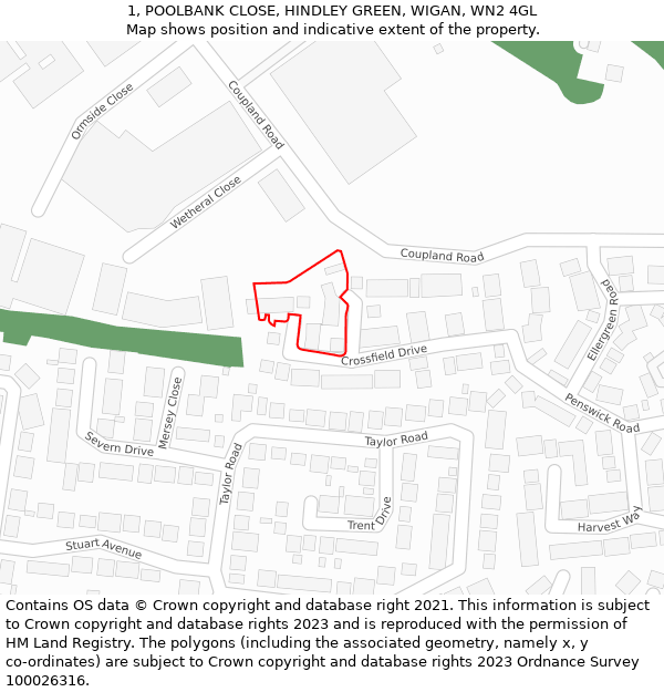 1, POOLBANK CLOSE, HINDLEY GREEN, WIGAN, WN2 4GL: Location map and indicative extent of plot