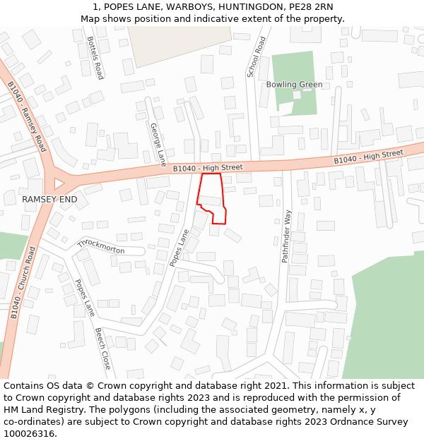 1, POPES LANE, WARBOYS, HUNTINGDON, PE28 2RN: Location map and indicative extent of plot
