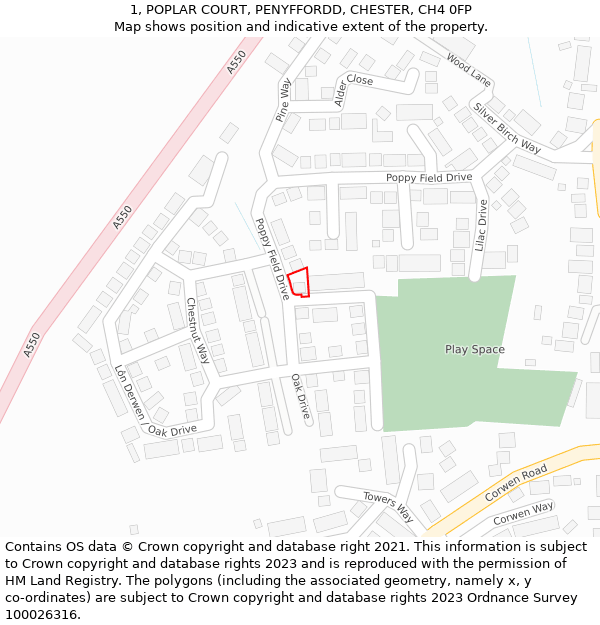 1, POPLAR COURT, PENYFFORDD, CHESTER, CH4 0FP: Location map and indicative extent of plot