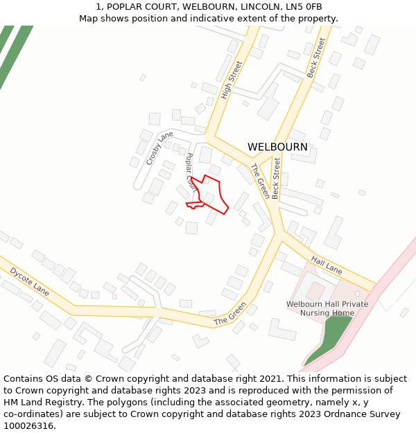 1, POPLAR COURT, WELBOURN, LINCOLN, LN5 0FB: Location map and indicative extent of plot