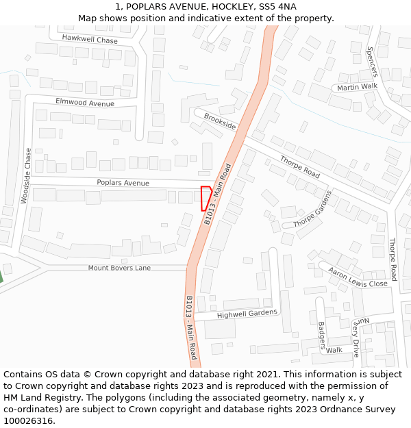 1, POPLARS AVENUE, HOCKLEY, SS5 4NA: Location map and indicative extent of plot