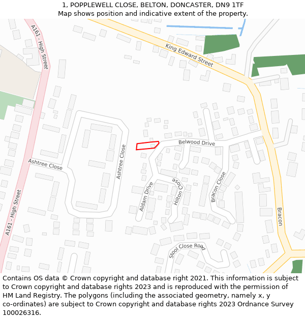 1, POPPLEWELL CLOSE, BELTON, DONCASTER, DN9 1TF: Location map and indicative extent of plot