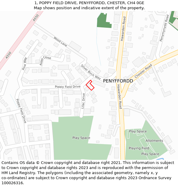 1, POPPY FIELD DRIVE, PENYFFORDD, CHESTER, CH4 0GE: Location map and indicative extent of plot