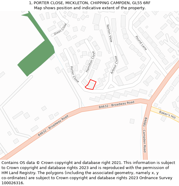 1, PORTER CLOSE, MICKLETON, CHIPPING CAMPDEN, GL55 6RF: Location map and indicative extent of plot