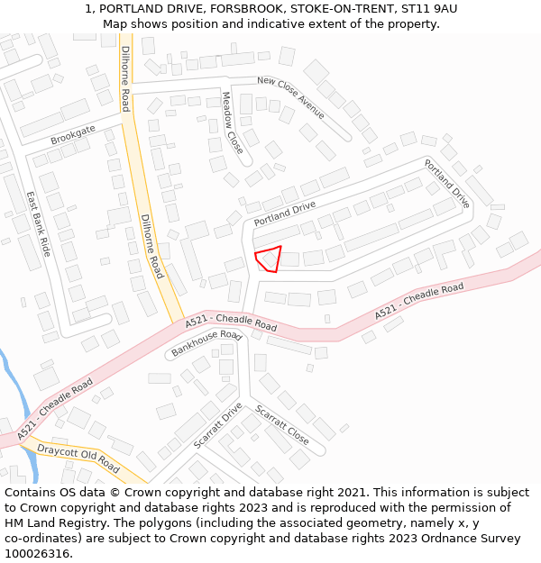 1, PORTLAND DRIVE, FORSBROOK, STOKE-ON-TRENT, ST11 9AU: Location map and indicative extent of plot