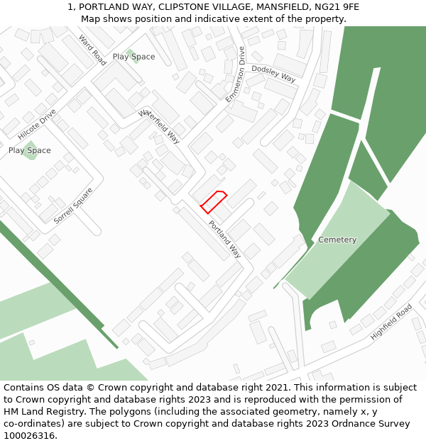 1, PORTLAND WAY, CLIPSTONE VILLAGE, MANSFIELD, NG21 9FE: Location map and indicative extent of plot