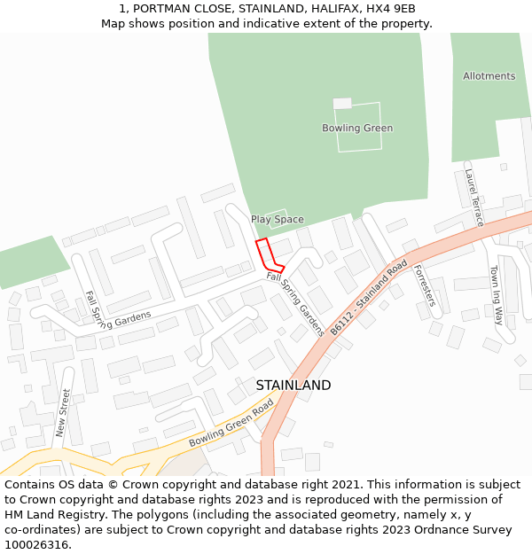 1, PORTMAN CLOSE, STAINLAND, HALIFAX, HX4 9EB: Location map and indicative extent of plot