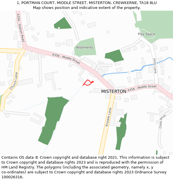 1, PORTMAN COURT, MIDDLE STREET, MISTERTON, CREWKERNE, TA18 8LU: Location map and indicative extent of plot