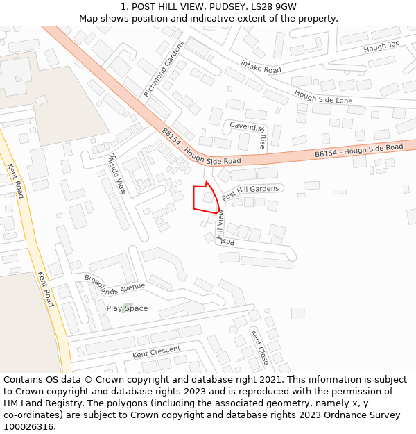 1, POST HILL VIEW, PUDSEY, LS28 9GW: Location map and indicative extent of plot