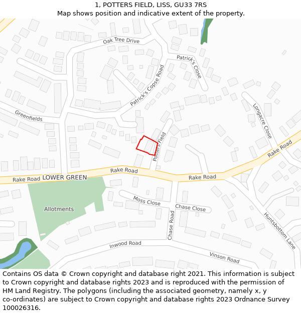 1, POTTERS FIELD, LISS, GU33 7RS: Location map and indicative extent of plot