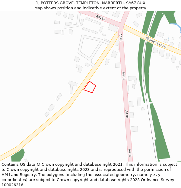 1, POTTERS GROVE, TEMPLETON, NARBERTH, SA67 8UX: Location map and indicative extent of plot