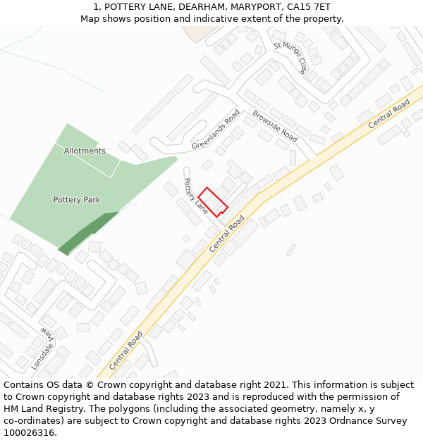 1, POTTERY LANE, DEARHAM, MARYPORT, CA15 7ET: Location map and indicative extent of plot